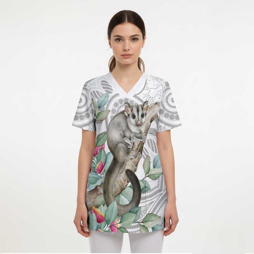 Australia Opossum Scrub Top Aboriginal Art Gumtree Blossoms Grunge - Aussie Hoodie