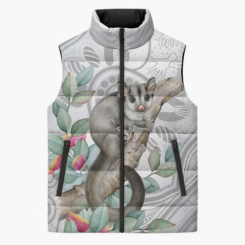 Australia Opossum Sleeveless Puffer Jacket Aboriginal Art Gumtree Blossoms Grunge - Aussie Hoodie