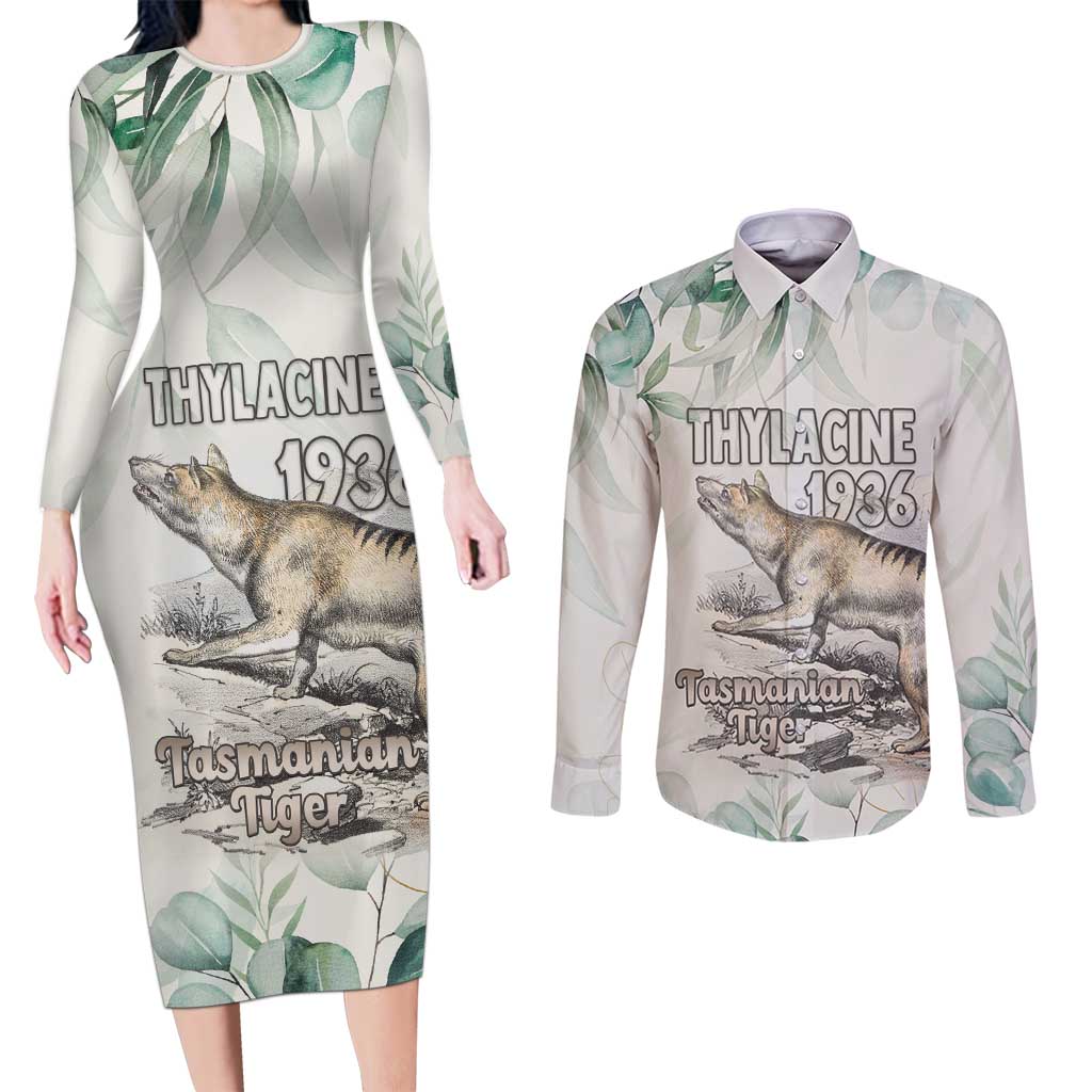 Australia Tasmanian Tiger Couples Matching Long Sleeve Bodycon Dress and Long Sleeve Button Shirt Memorial 1936 Thylacine - Aussie Hoodie