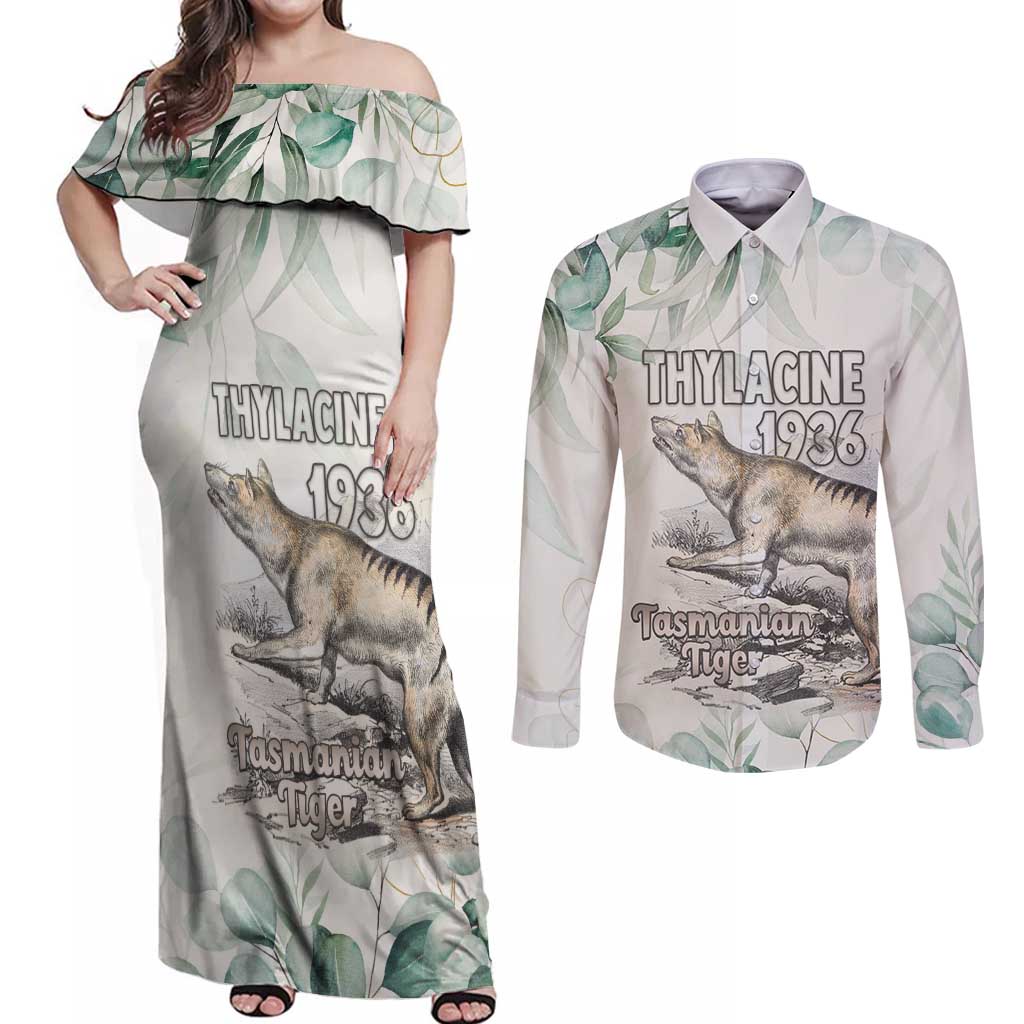 Australia Tasmanian Tiger Couples Matching Off Shoulder Maxi Dress and Long Sleeve Button Shirt Memorial 1936 Thylacine - Aussie Hoodie