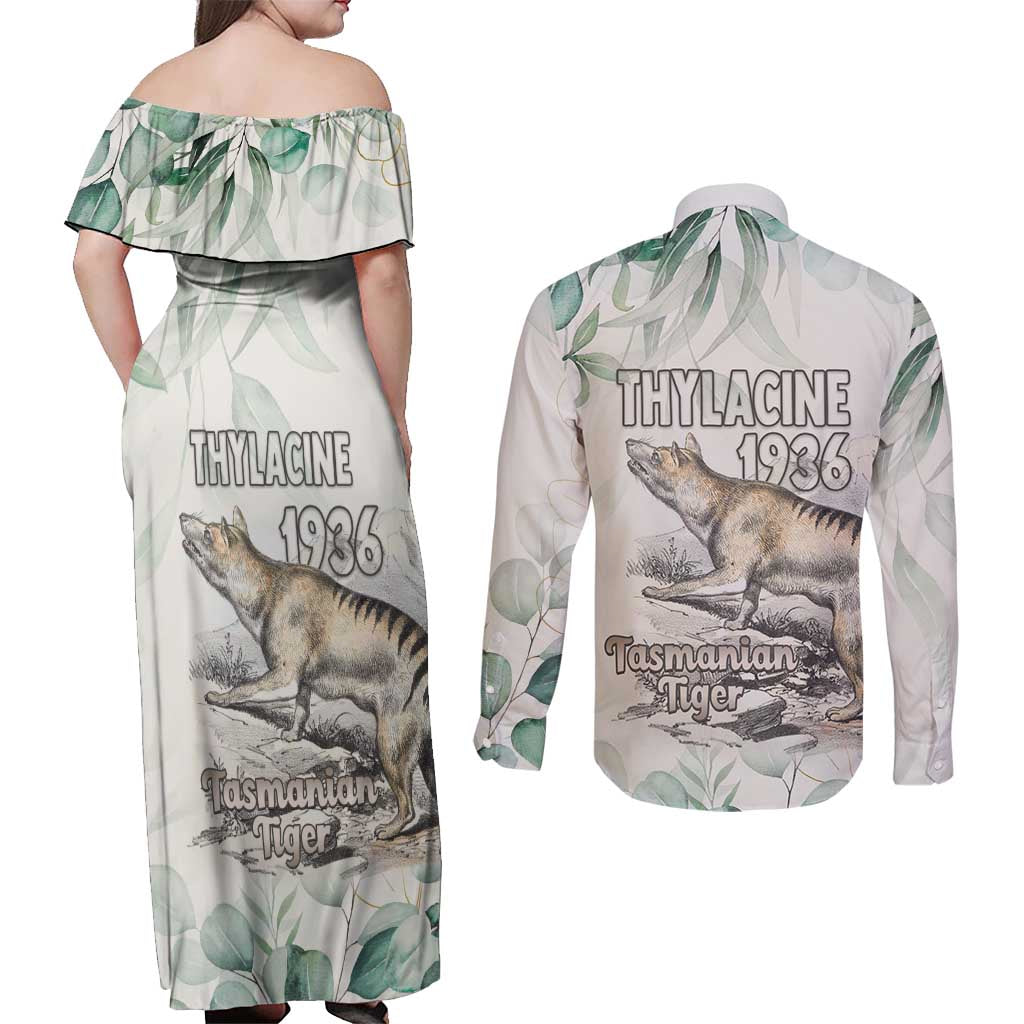 Australia Tasmanian Tiger Couples Matching Off Shoulder Maxi Dress and Long Sleeve Button Shirt Memorial 1936 Thylacine - Aussie Hoodie