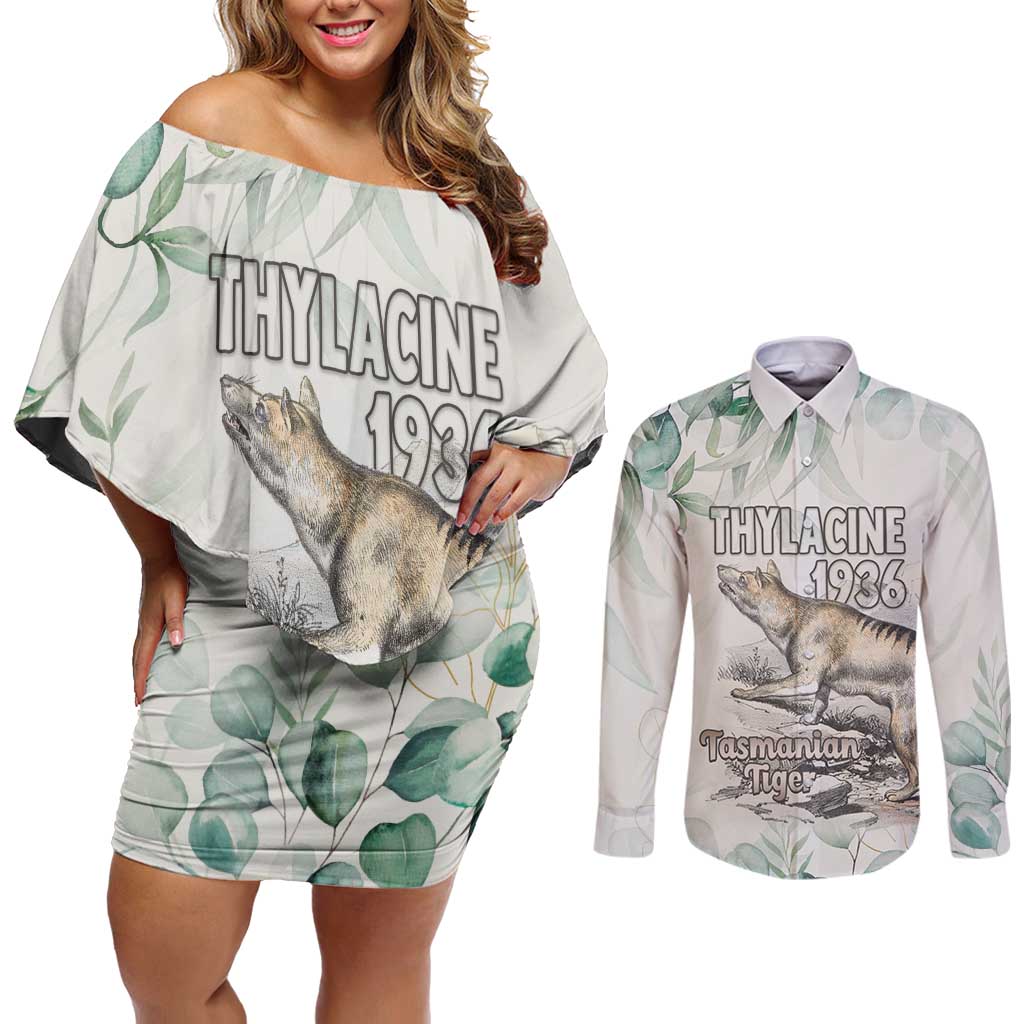 Australia Tasmanian Tiger Couples Matching Off Shoulder Short Dress and Long Sleeve Button Shirt Memorial 1936 Thylacine - Aussie Hoodie