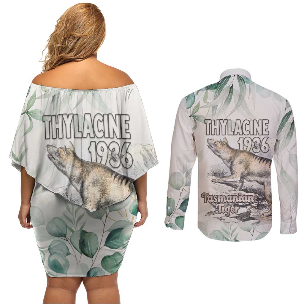 Australia Tasmanian Tiger Couples Matching Off Shoulder Short Dress and Long Sleeve Button Shirt Memorial 1936 Thylacine - Aussie Hoodie