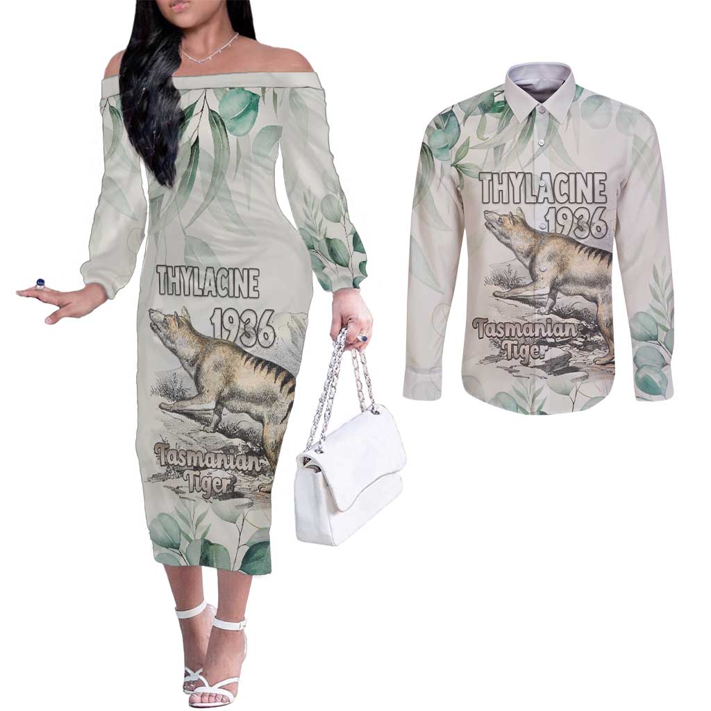 Australia Tasmanian Tiger Couples Matching Off The Shoulder Long Sleeve Dress and Long Sleeve Button Shirt Memorial 1936 Thylacine - Aussie Hoodie
