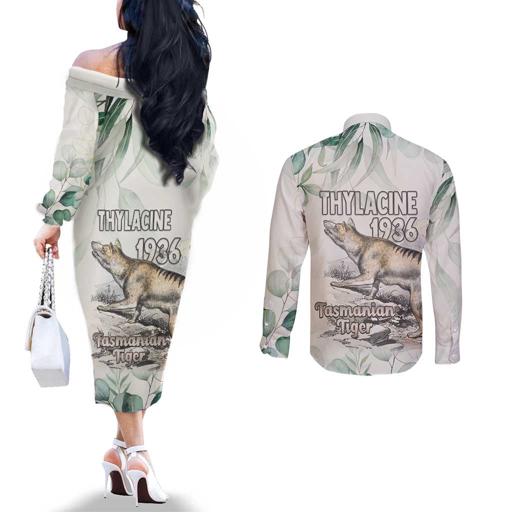 Australia Tasmanian Tiger Couples Matching Off The Shoulder Long Sleeve Dress and Long Sleeve Button Shirt Memorial 1936 Thylacine - Aussie Hoodie