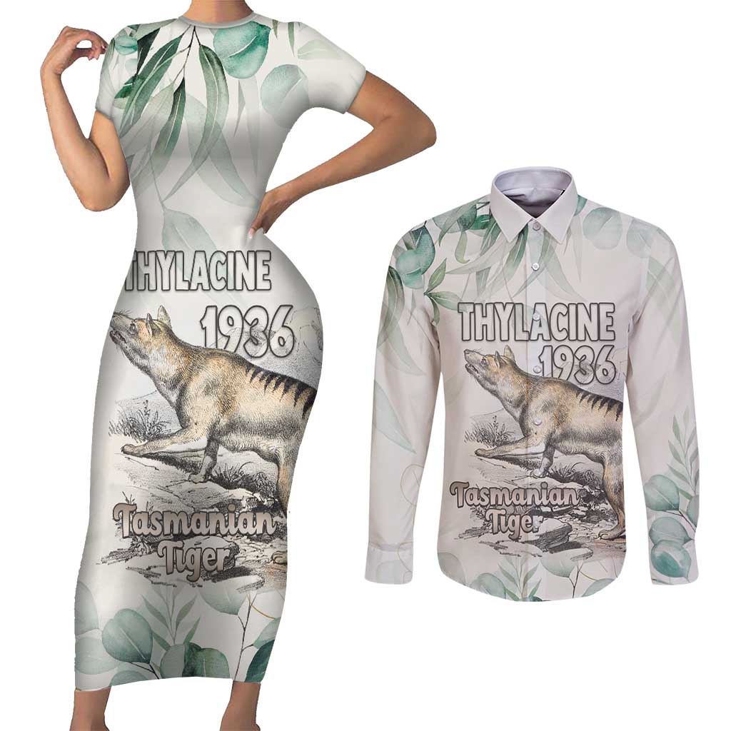Australia Tasmanian Tiger Couples Matching Short Sleeve Bodycon Dress and Long Sleeve Button Shirt Memorial 1936 Thylacine - Aussie Hoodie