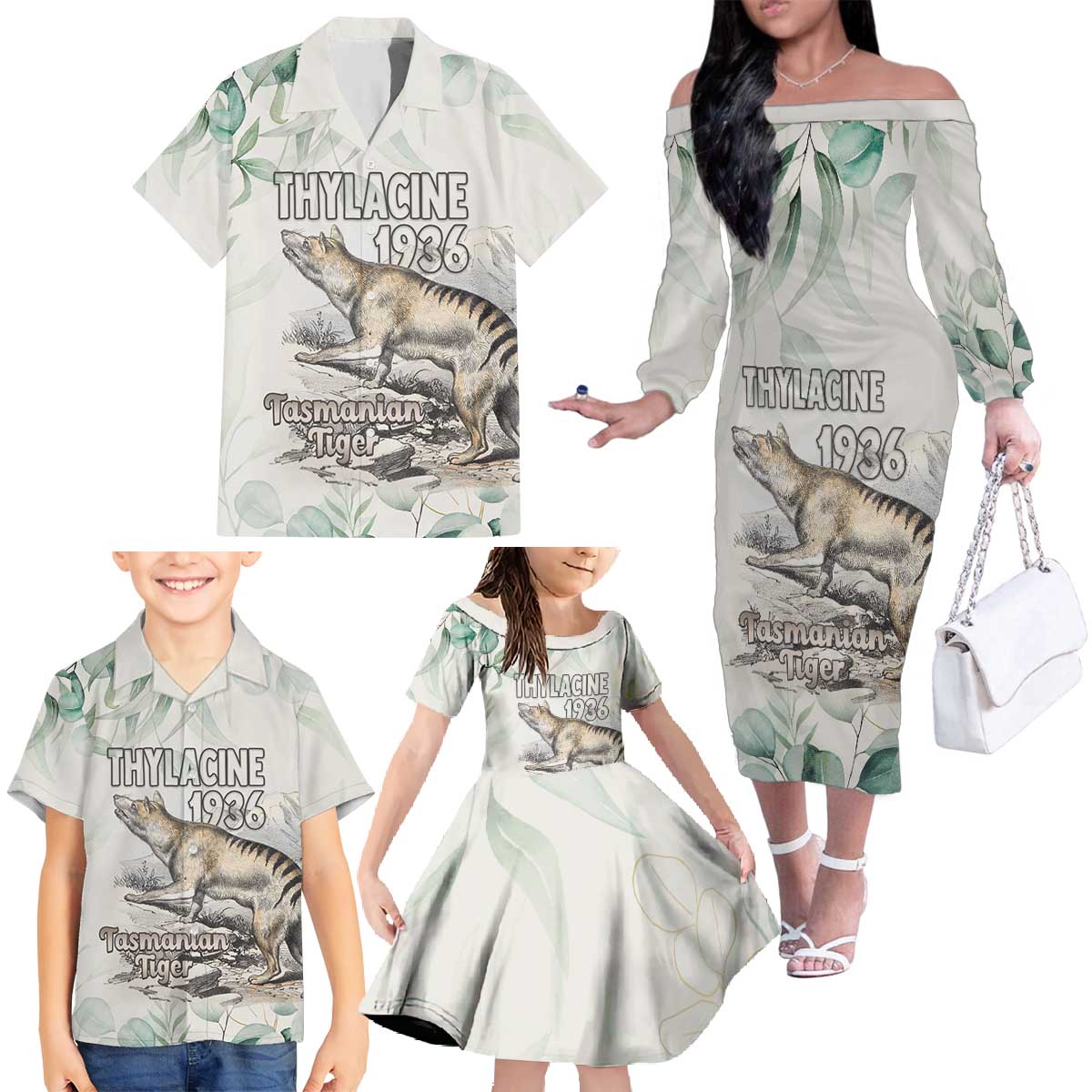 Australia Tasmanian Tiger Family Matching Off The Shoulder Long Sleeve Dress and Hawaiian Shirt Memorial 1936 Thylacine - Aussie Hoodie