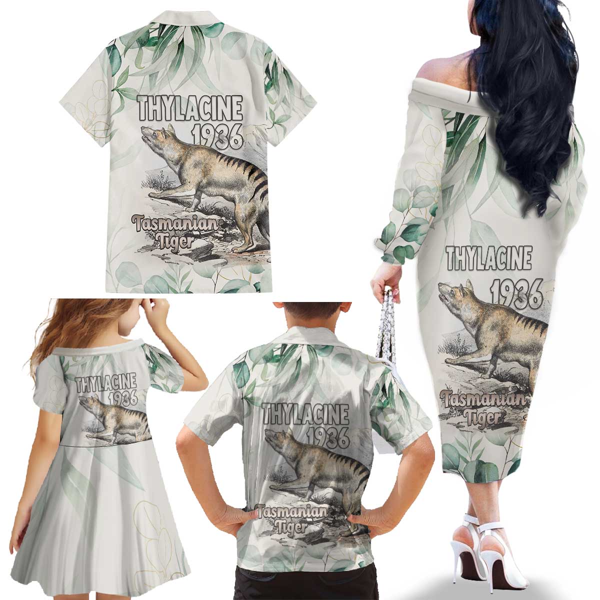 Australia Tasmanian Tiger Family Matching Off The Shoulder Long Sleeve Dress and Hawaiian Shirt Memorial 1936 Thylacine - Aussie Hoodie