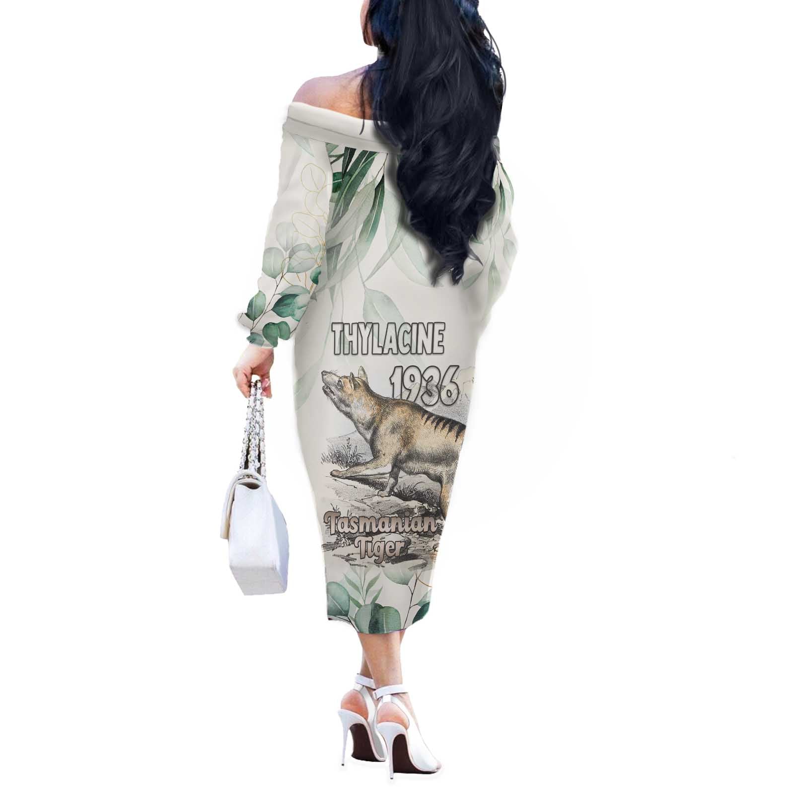 Australia Tasmanian Tiger Off The Shoulder Long Sleeve Dress Memorial 1936 Thylacine - Aussie Hoodie