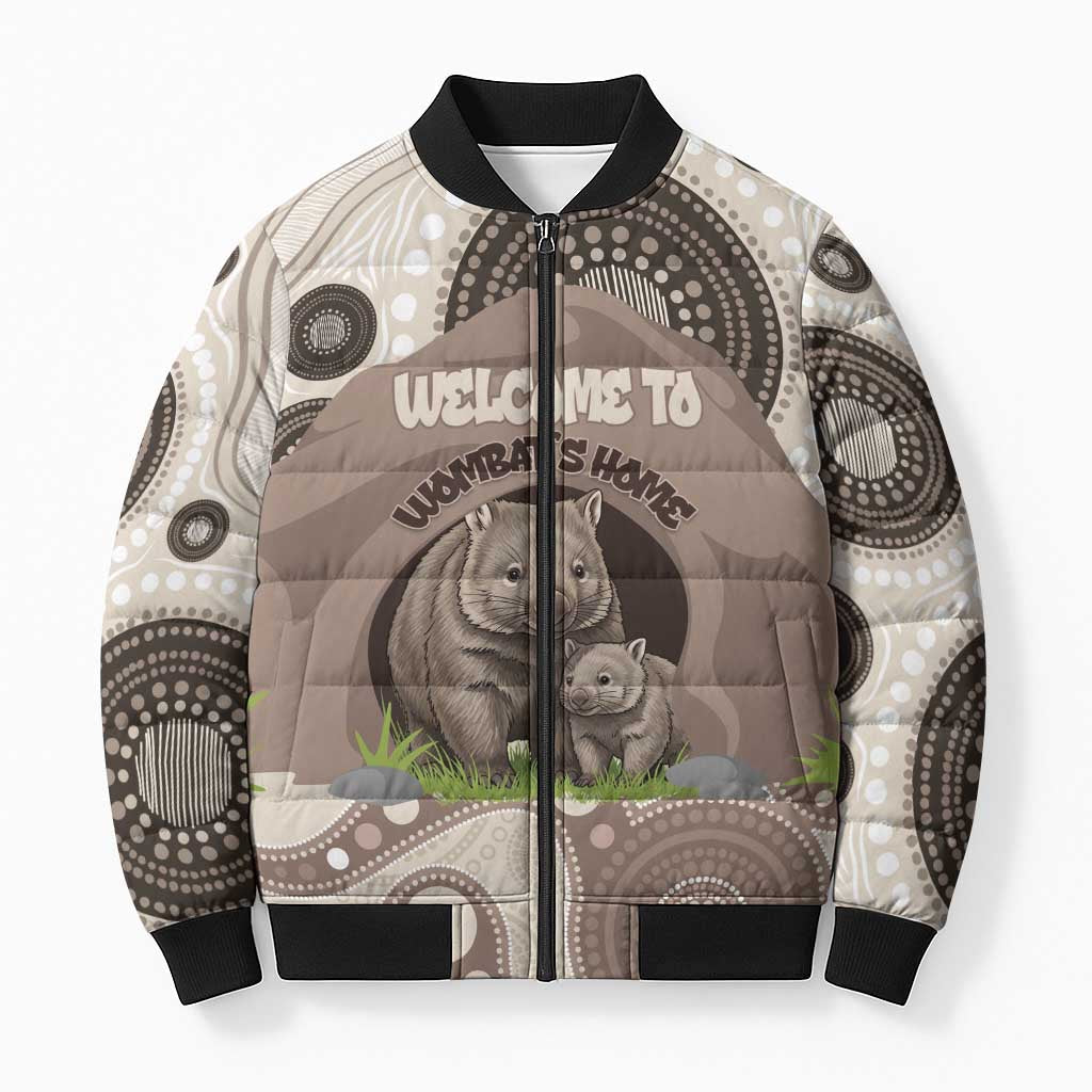 Personalised Australia Wombat Bomber Puffer Jacket Welcome To Our Home Aboriginal Art - Aussie Hoodie
