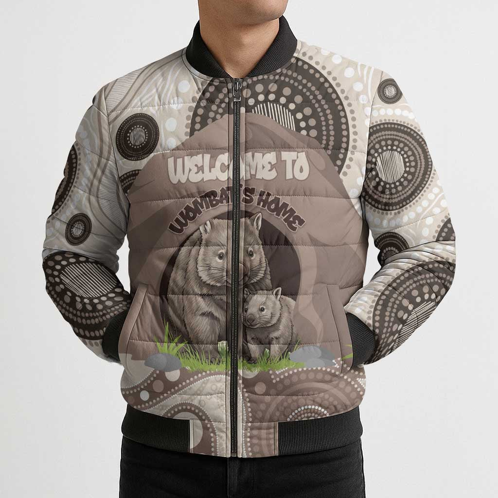 Personalised Australia Wombat Bomber Puffer Jacket Welcome To Our Home Aboriginal Art - Aussie Hoodie