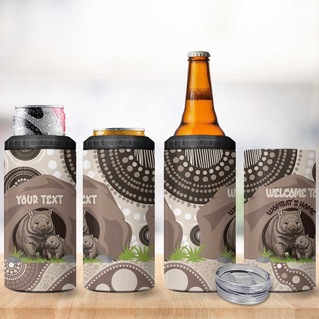 Personalised Australia Wombat 4 in 1 Can Cooler Tumbler Welcome To Our Home Aboriginal Art - Aussie Hoodie