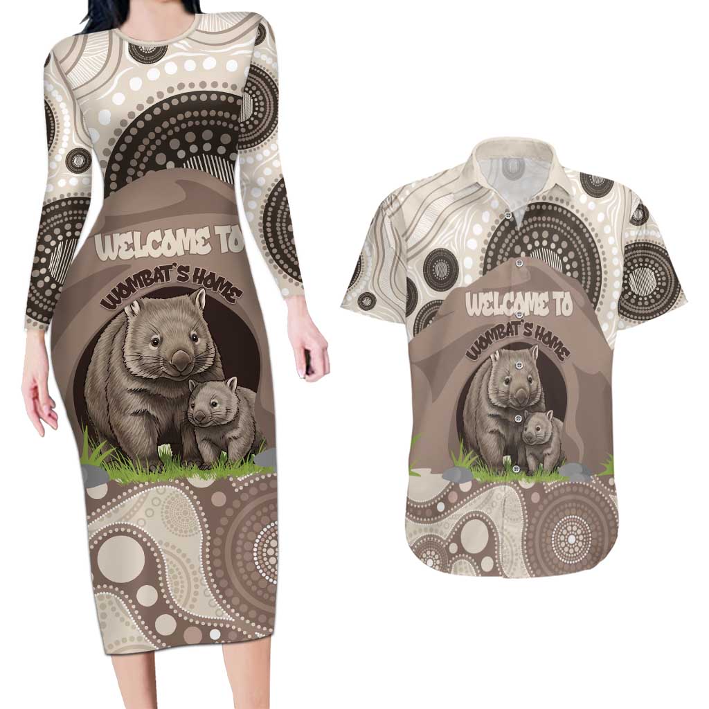 Personalised Australia Wombat Couples Matching Long Sleeve Bodycon Dress and Hawaiian Shirt Welcome To Our Home Aboriginal Art - Aussie Hoodie