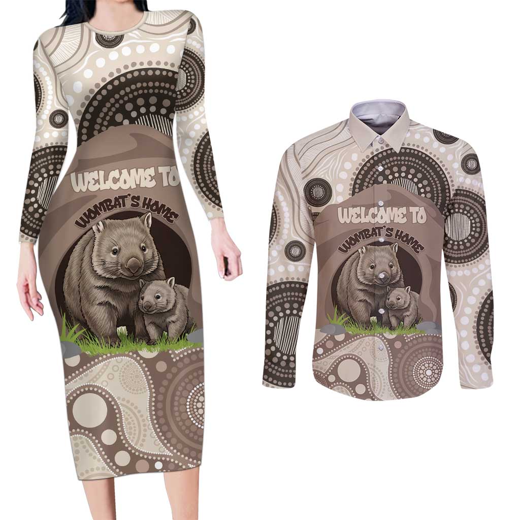 Personalised Australia Wombat Couples Matching Long Sleeve Bodycon Dress and Long Sleeve Button Shirt Welcome To Our Home Aboriginal Art - Aussie Hoodie