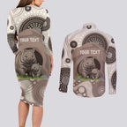 Personalised Australia Wombat Couples Matching Long Sleeve Bodycon Dress and Long Sleeve Button Shirt Welcome To Our Home Aboriginal Art - Aussie Hoodie