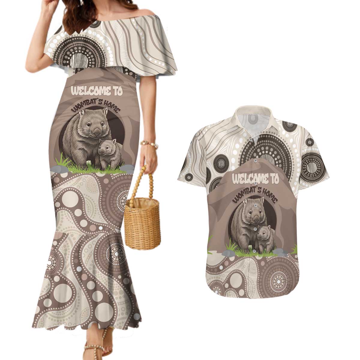 Personalised Australia Wombat Couples Matching Mermaid Dress and Hawaiian Shirt Welcome To Our Home Aboriginal Art - Aussie Hoodie