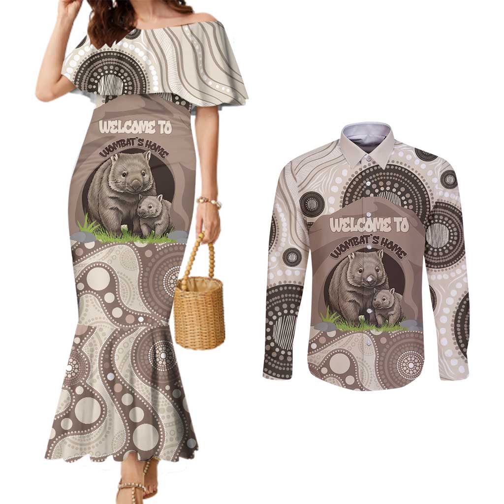 Personalised Australia Wombat Couples Matching Mermaid Dress and Long Sleeve Button Shirt Welcome To Our Home Aboriginal Art - Aussie Hoodie