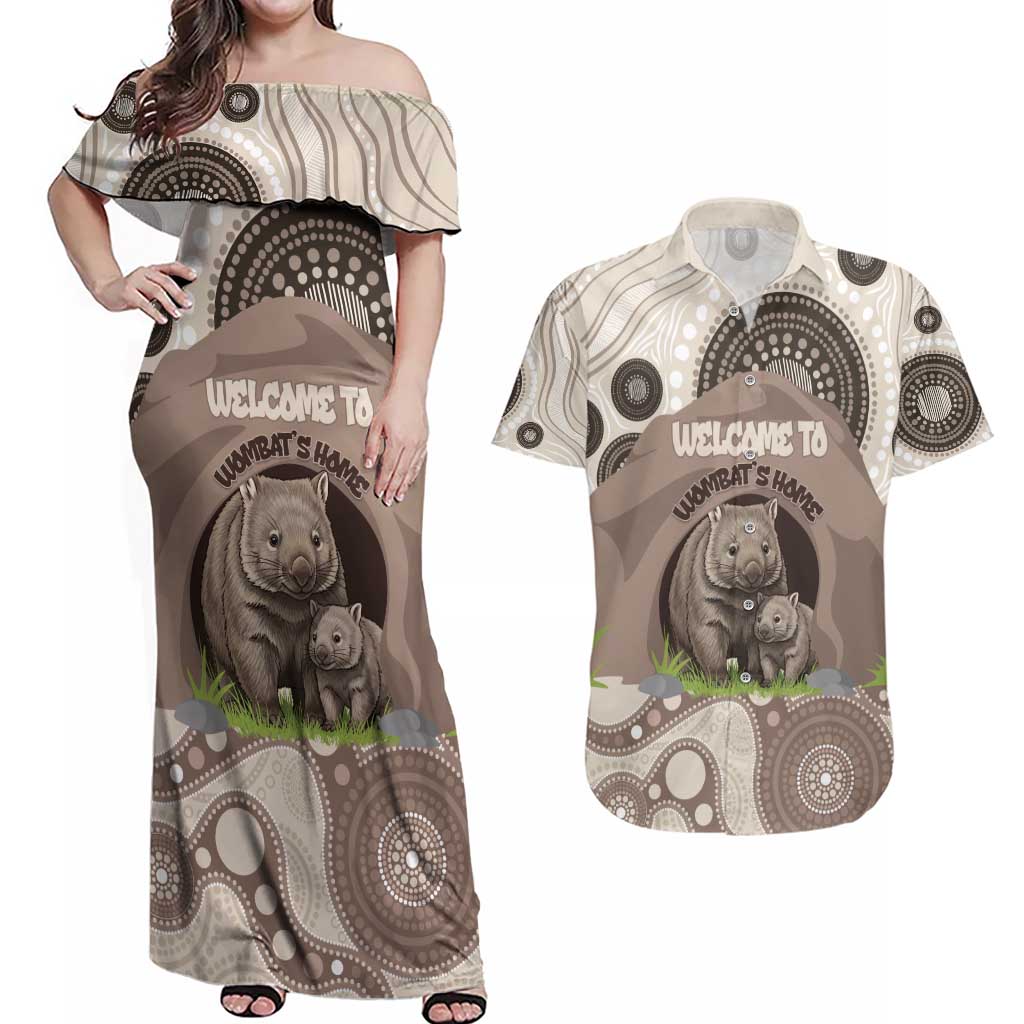 Personalised Australia Wombat Couples Matching Off Shoulder Maxi Dress and Hawaiian Shirt Welcome To Our Home Aboriginal Art - Aussie Hoodie