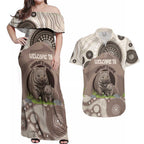 Personalised Australia Wombat Couples Matching Off Shoulder Maxi Dress and Hawaiian Shirt Welcome To Our Home Aboriginal Art - Aussie Hoodie