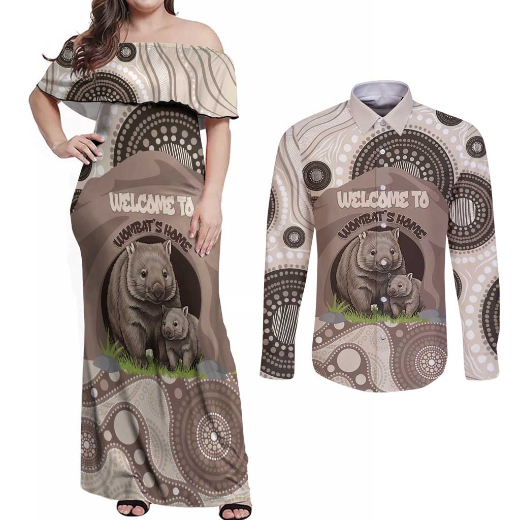 Personalised Australia Wombat Couples Matching Off Shoulder Maxi Dress and Long Sleeve Button Shirt Welcome To Our Home Aboriginal Art - Aussie Hoodie