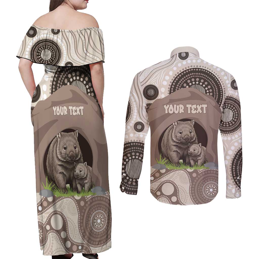 Personalised Australia Wombat Couples Matching Off Shoulder Maxi Dress and Long Sleeve Button Shirt Welcome To Our Home Aboriginal Art - Aussie Hoodie