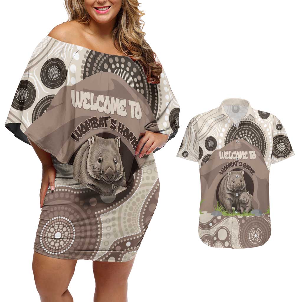 Personalised Australia Wombat Couples Matching Off Shoulder Short Dress and Hawaiian Shirt Welcome To Our Home Aboriginal Art - Aussie Hoodie