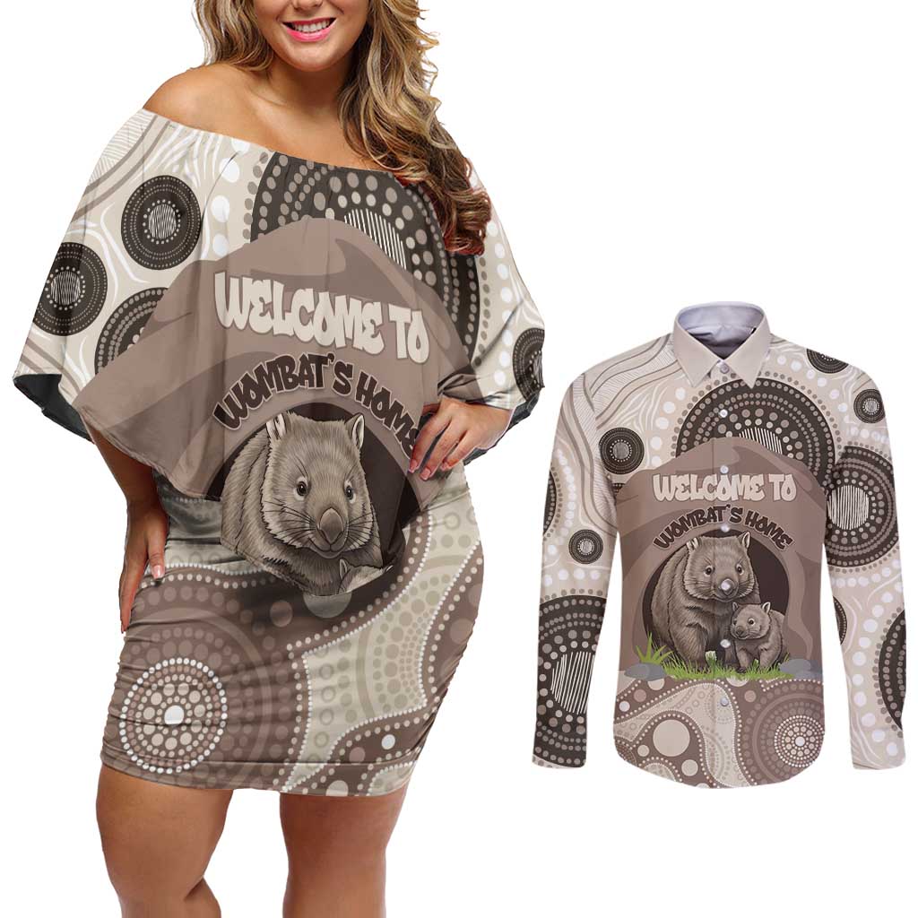 Personalised Australia Wombat Couples Matching Off Shoulder Short Dress and Long Sleeve Button Shirt Welcome To Our Home Aboriginal Art - Aussie Hoodie