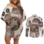 Personalised Australia Wombat Couples Matching Off Shoulder Short Dress and Long Sleeve Button Shirt Welcome To Our Home Aboriginal Art - Aussie Hoodie