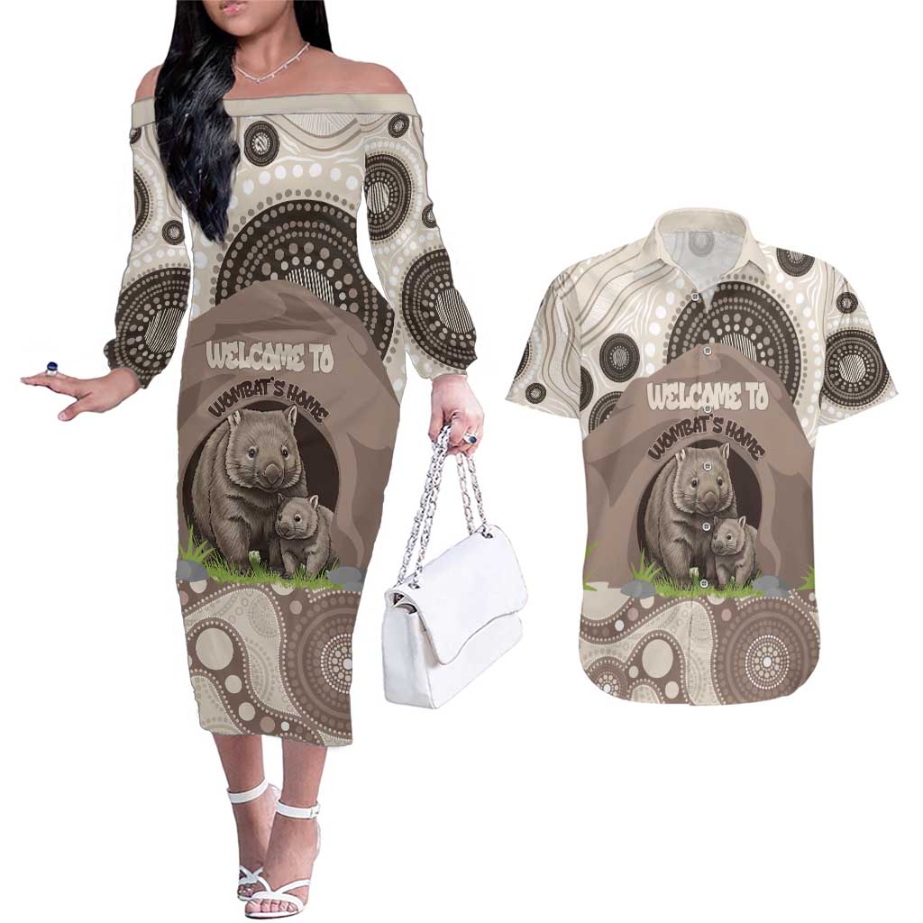Personalised Australia Wombat Couples Matching Off The Shoulder Long Sleeve Dress and Hawaiian Shirt Welcome To Our Home Aboriginal Art - Aussie Hoodie