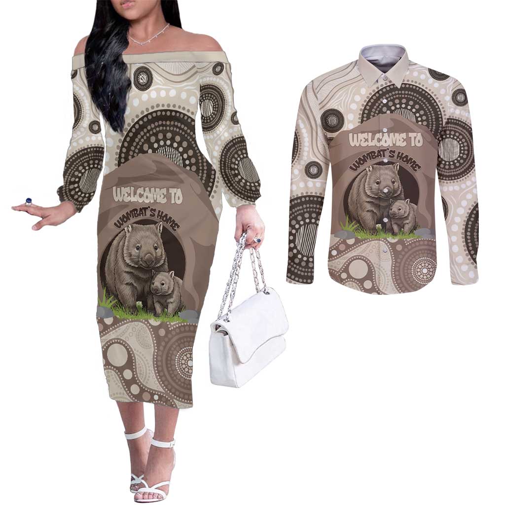 Personalised Australia Wombat Couples Matching Off The Shoulder Long Sleeve Dress and Long Sleeve Button Shirt Welcome To Our Home Aboriginal Art - Aussie Hoodie