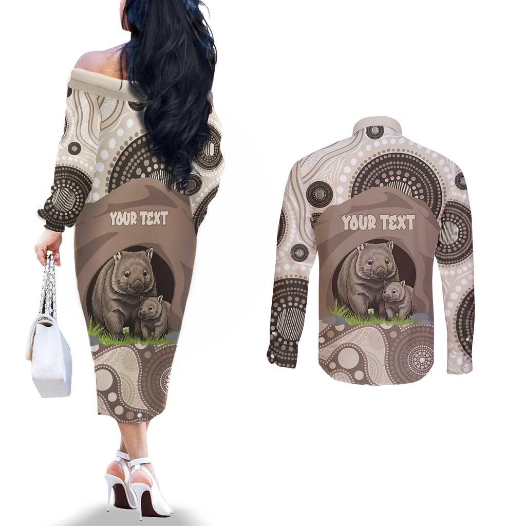 Personalised Australia Wombat Couples Matching Off The Shoulder Long Sleeve Dress and Long Sleeve Button Shirt Welcome To Our Home Aboriginal Art - Aussie Hoodie