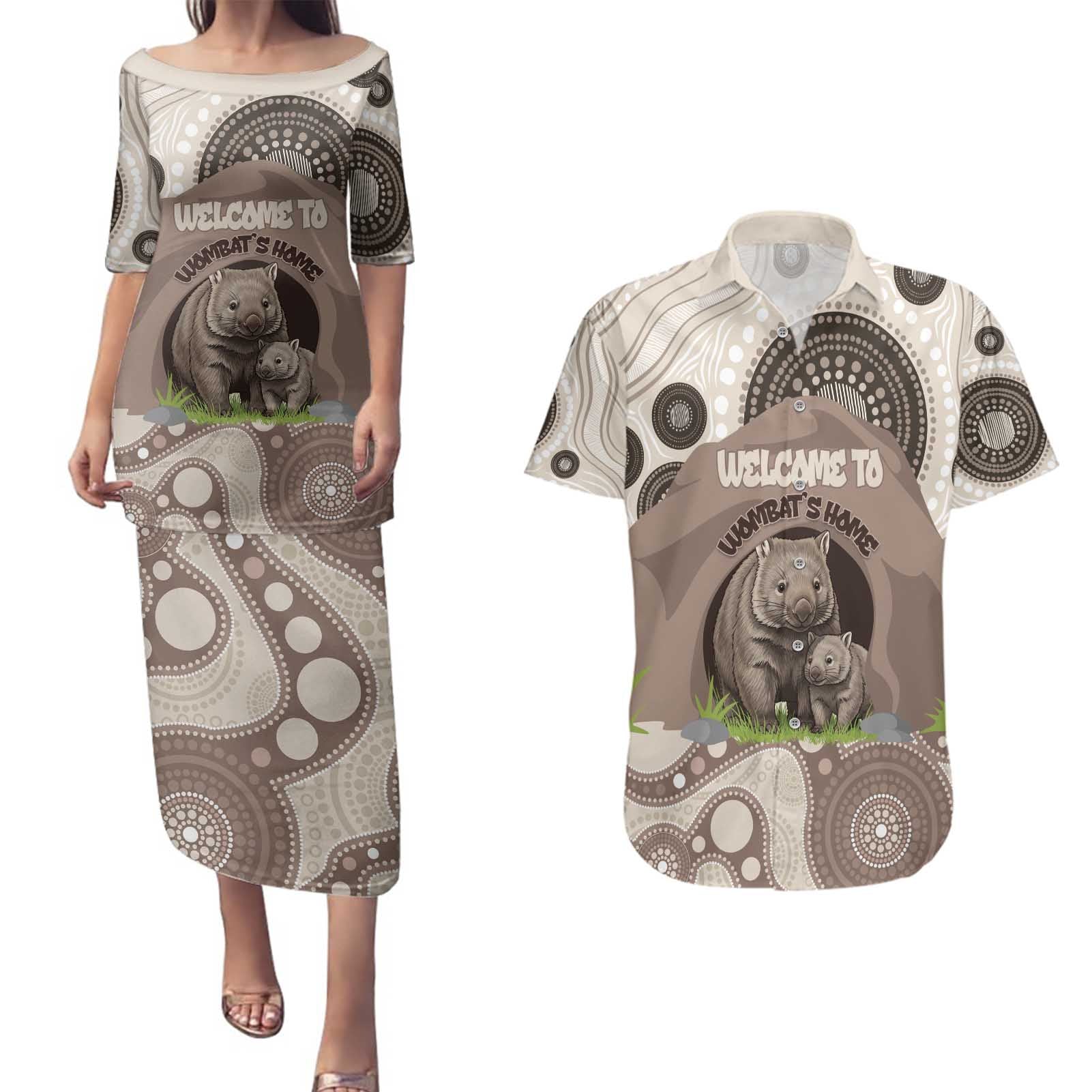 Personalised Australia Wombat Couples Matching Puletasi and Hawaiian Shirt Welcome To Our Home Aboriginal Art - Aussie Hoodie
