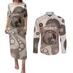 Personalised Australia Wombat Couples Matching Puletasi and Long Sleeve Button Shirt Welcome To Our Home Aboriginal Art - Aussie Hoodie