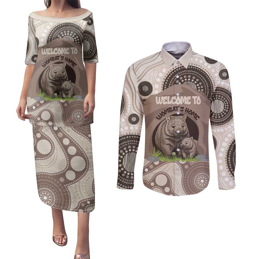 Personalised Australia Wombat Couples Matching Puletasi and Long Sleeve Button Shirt Welcome To Our Home Aboriginal Art - Aussie Hoodie
