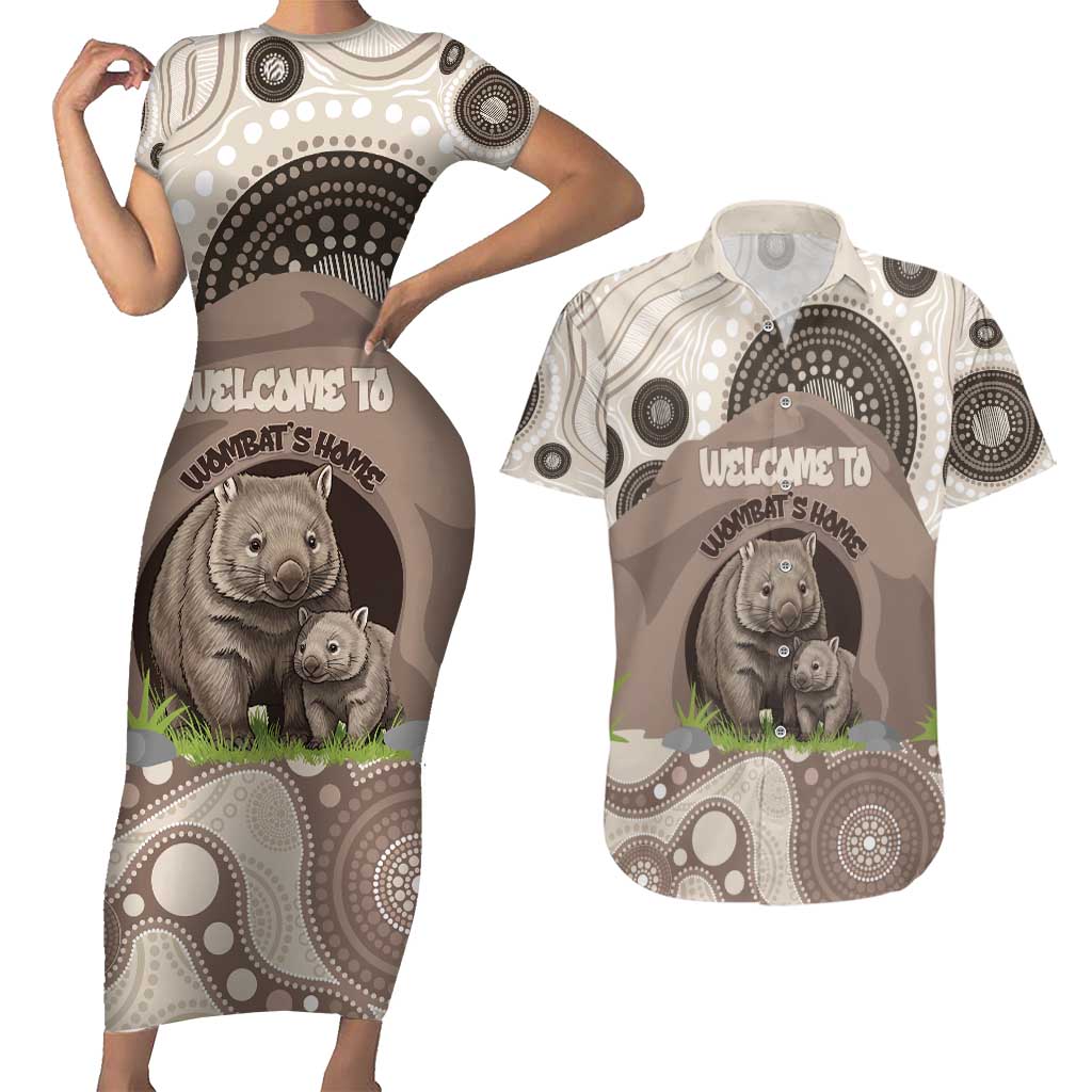 Personalised Australia Wombat Couples Matching Short Sleeve Bodycon Dress and Hawaiian Shirt Welcome To Our Home Aboriginal Art - Aussie Hoodie