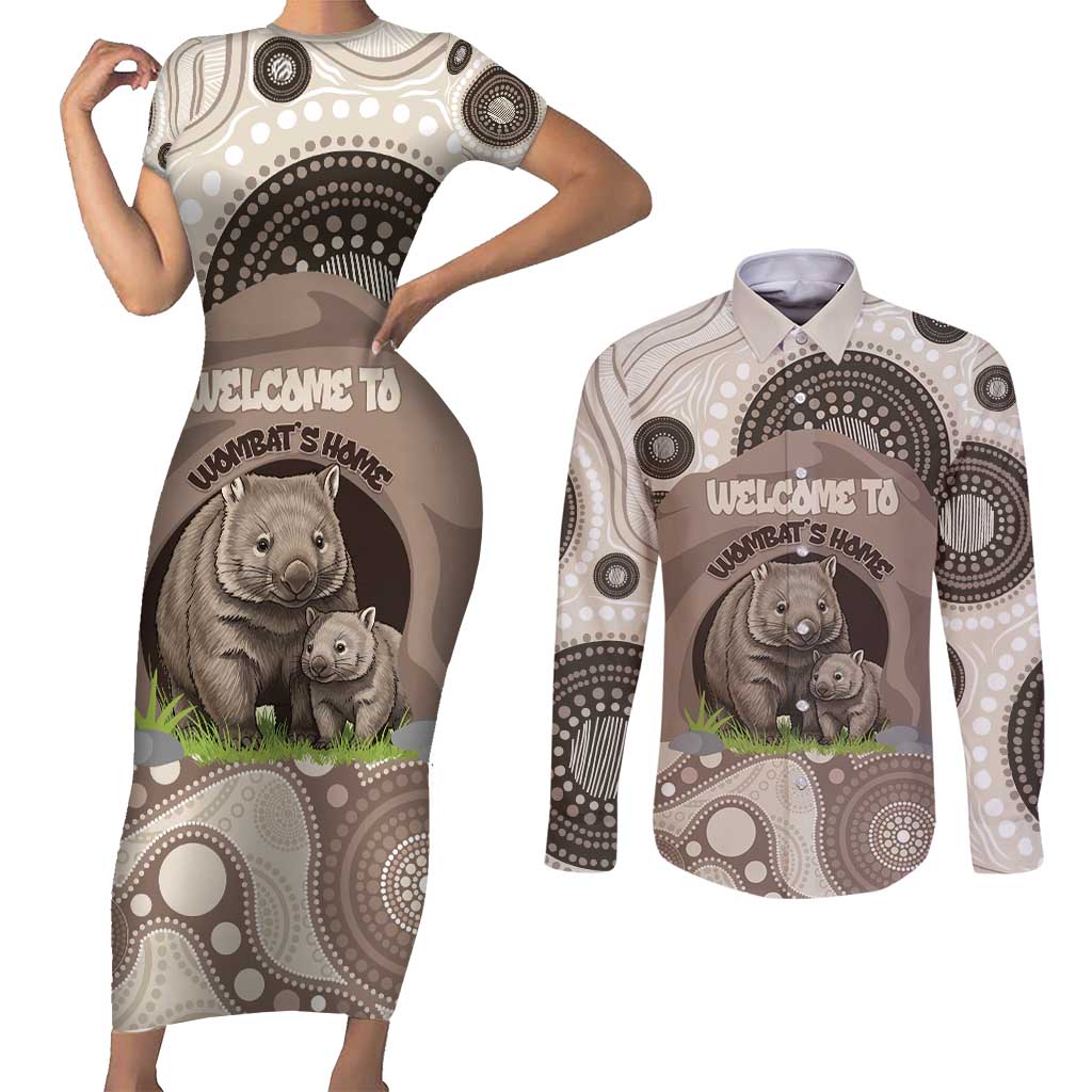Personalised Australia Wombat Couples Matching Short Sleeve Bodycon Dress and Long Sleeve Button Shirt Welcome To Our Home Aboriginal Art - Aussie Hoodie