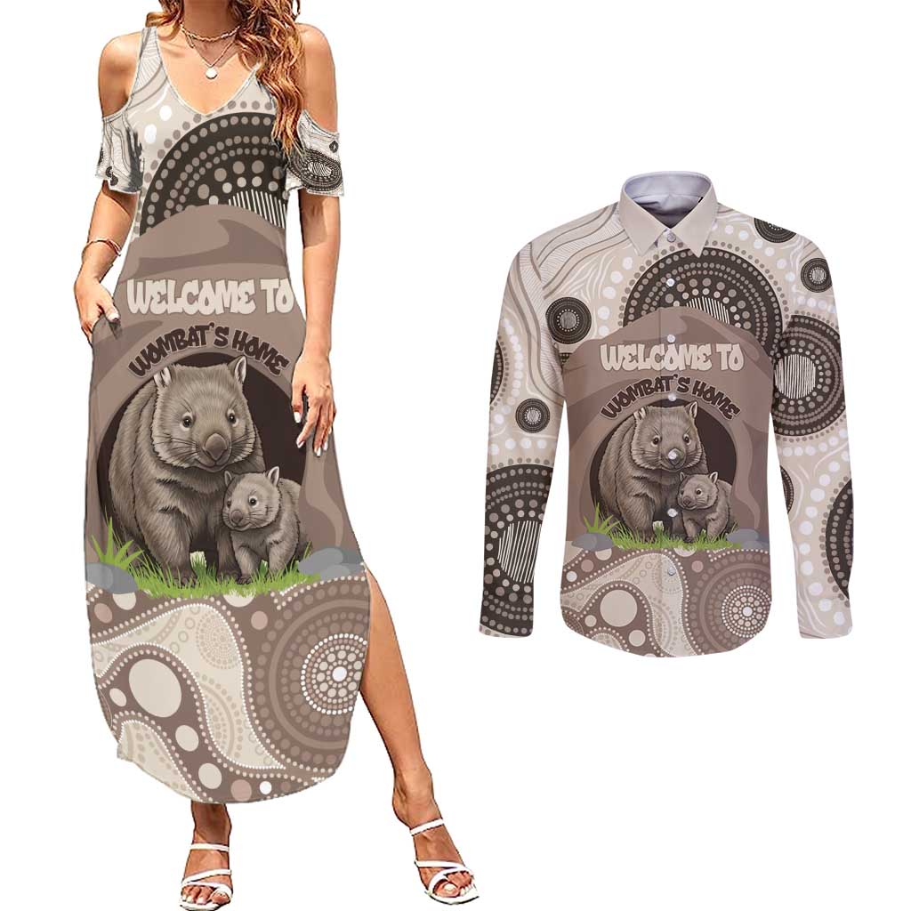 Personalised Australia Wombat Couples Matching Summer Maxi Dress and Long Sleeve Button Shirt Welcome To Our Home Aboriginal Art - Aussie Hoodie