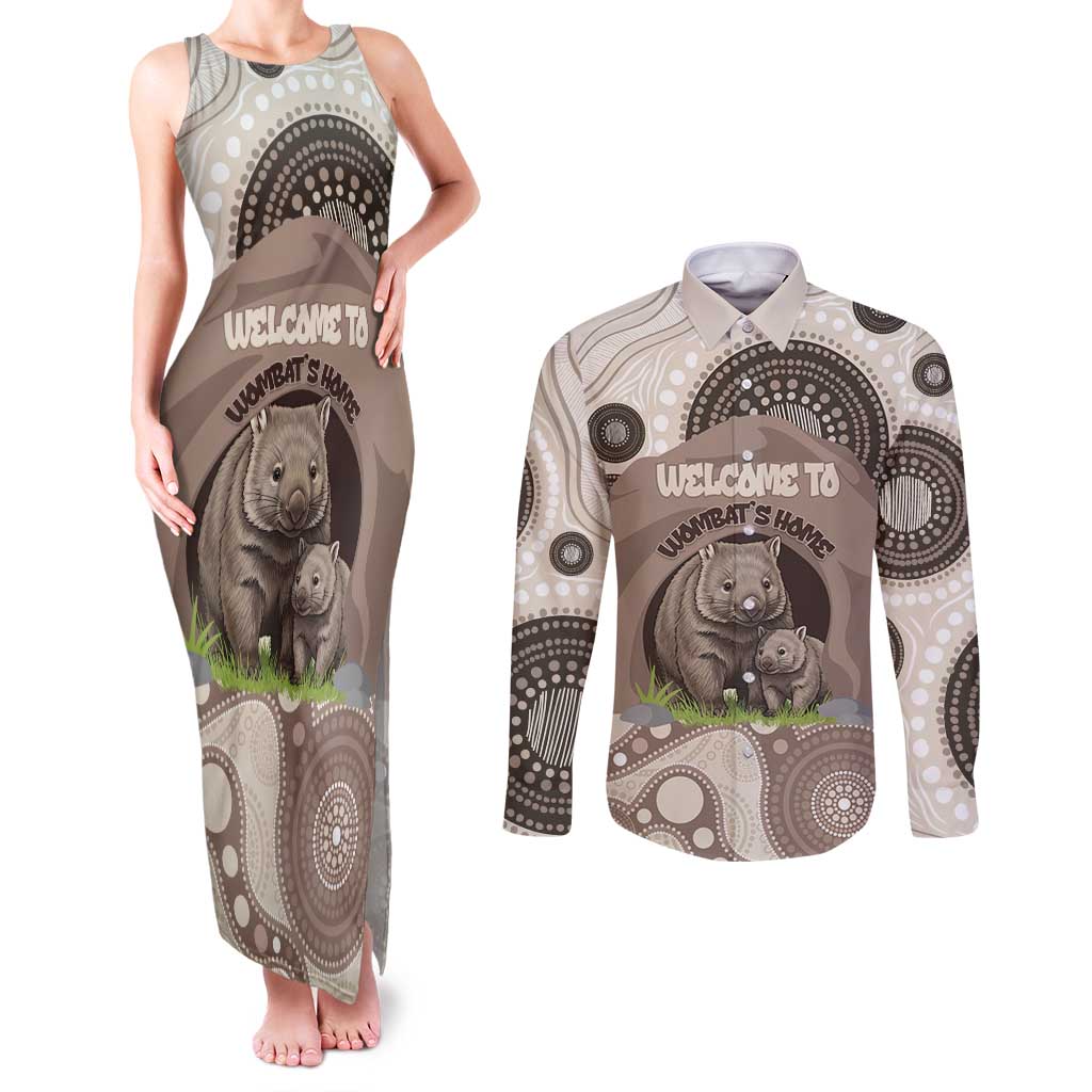 Personalised Australia Wombat Couples Matching Tank Maxi Dress and Long Sleeve Button Shirt Welcome To Our Home Aboriginal Art - Aussie Hoodie