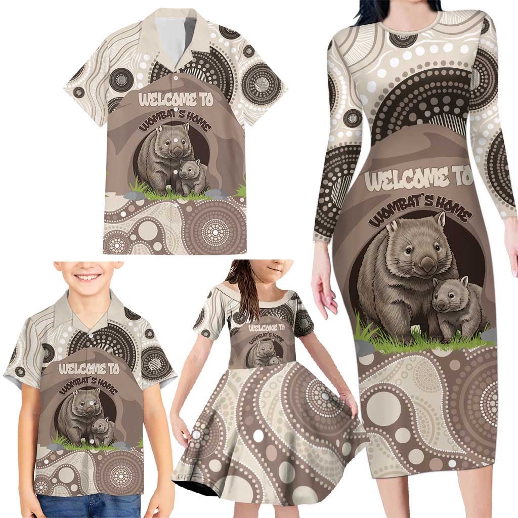 Personalised Australia Wombat Family Matching Long Sleeve Bodycon Dress and Hawaiian Shirt Welcome To Our Home Aboriginal Art - Aussie Hoodie