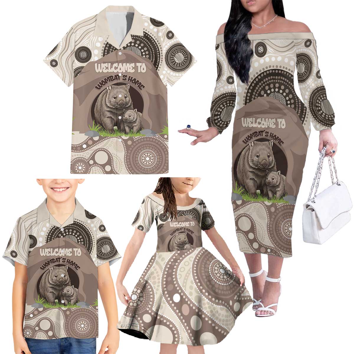 Personalised Australia Wombat Family Matching Off The Shoulder Long Sleeve Dress and Hawaiian Shirt Welcome To Our Home Aboriginal Art - Aussie Hoodie