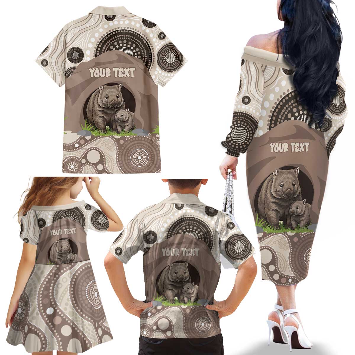 Personalised Australia Wombat Family Matching Off The Shoulder Long Sleeve Dress and Hawaiian Shirt Welcome To Our Home Aboriginal Art - Aussie Hoodie