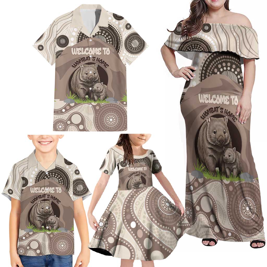 Personalised Australia Wombat Family Matching Off Shoulder Maxi Dress and Hawaiian Shirt Welcome To Our Home Aboriginal Art - Aussie Hoodie