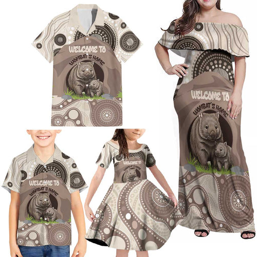 Personalised Australia Wombat Family Matching Off Shoulder Maxi Dress and Hawaiian Shirt Welcome To Our Home Aboriginal Art - Aussie Hoodie