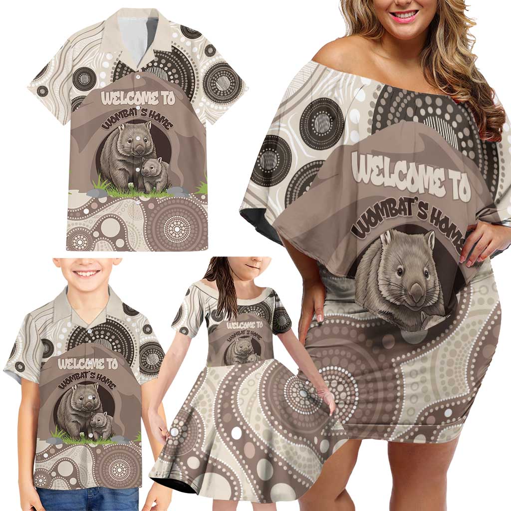 Personalised Australia Wombat Family Matching Off Shoulder Short Dress and Hawaiian Shirt Welcome To Our Home Aboriginal Art - Aussie Hoodie