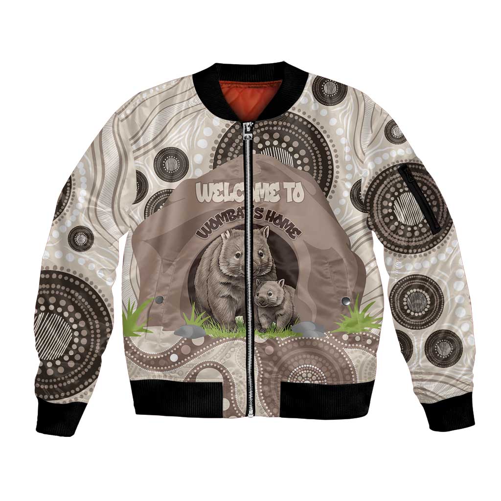 Personalised Australia Wombat Sleeve Zip Bomber Jacket Welcome To Our Home Aboriginal Art - Aussie Hoodie