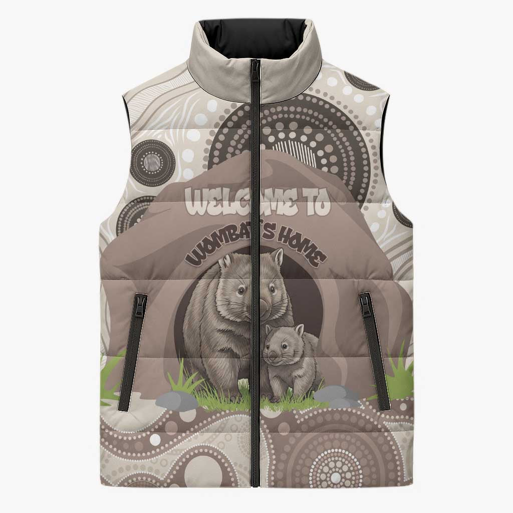 Personalised Australia Wombat Sleeveless Puffer Jacket Welcome To Our Home Aboriginal Art - Aussie Hoodie