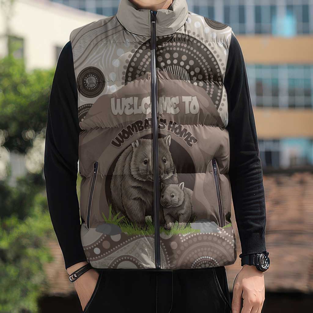 Personalised Australia Wombat Sleeveless Puffer Jacket Welcome To Our Home Aboriginal Art - Aussie Hoodie