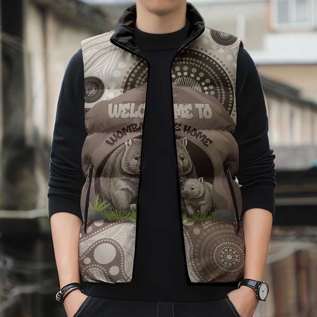 Personalised Australia Wombat Sleeveless Puffer Jacket Welcome To Our Home Aboriginal Art - Aussie Hoodie