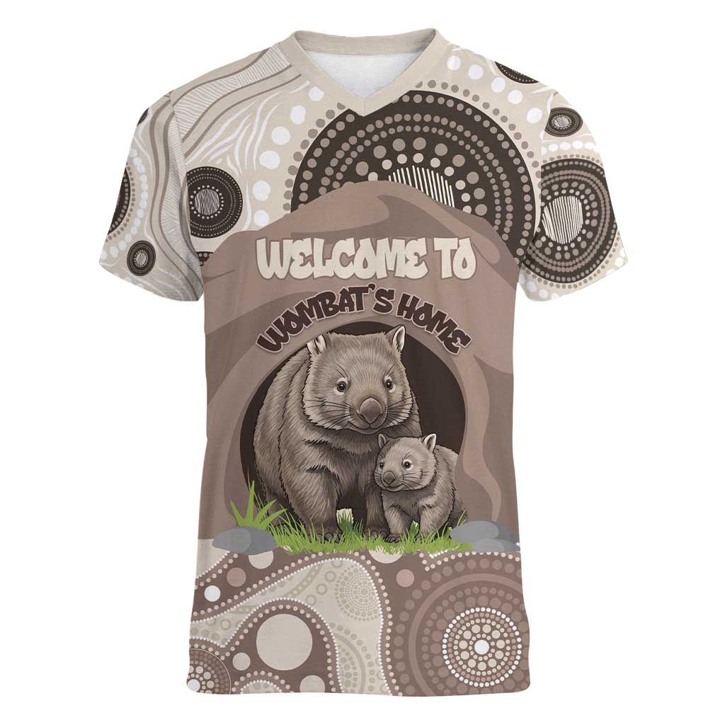 Personalised Australia Wombat Women V-Neck T-Shirt Welcome To Our Home Aboriginal Art - Aussie Hoodie