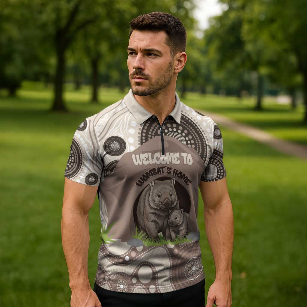 Personalised Australia Wombat Zipper Polo Shirt Welcome To Our Home Aboriginal Art - Aussie Hoodie